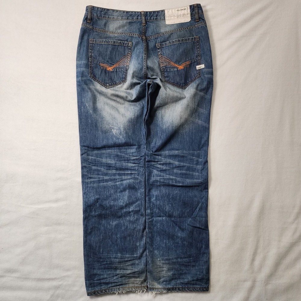 Vtg Y2k Rocawear Baggy Jeans 38x35 Blue Fade Distressed Skater Wide Embroidered